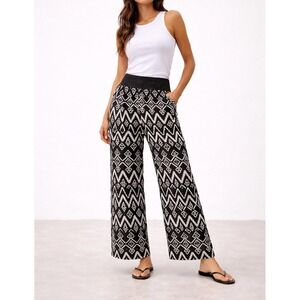 Joe B Black White Geometric Ikat Wide Leg Palazzo Pants High Waist Smocked L